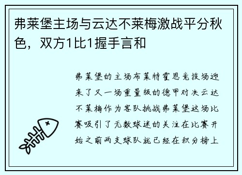 弗莱堡主场与云达不莱梅激战平分秋色，双方1比1握手言和